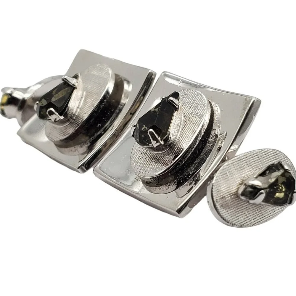 Smoke Faceted Glass Stone Cufflinks‎ Silver Tone Teardrop Double Faced Chainlink